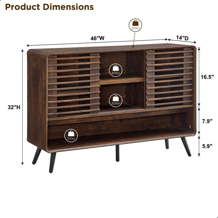 Mid Century Entryway Table with Sliding Slatted Doors 46" Console Cabinet, Adjustable Shelves, Open Shoe Storage, Rounded Corners, Tapered Legs Hallway, Living Room, Kitchen