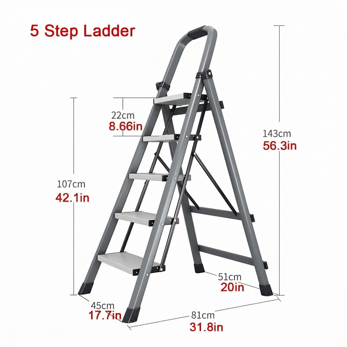 5-Step Folding Step Ladder with Handrails, Wide Anti-Slip Pedals, Carbon Steel Frame, Portable Heavy-Duty Stepladder for Kitchen, Closet, Garage & Home Organization, Gray, Model TH5STEP