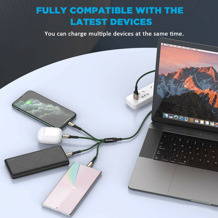 Multi Charging Cable, Bismdky 2Pack 4FT Nylon Braided Universal 4 in 1 Multiple USB Cable 3A Charging ，with Dual Phone/USB-C/Micro-USB Port Adapter Connectors for Cell Phones Tablets and More