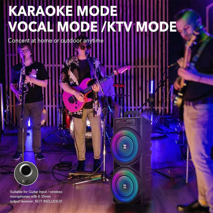 Portable Bluetooth Party Speaker with RGB Lights, Dual 8.5" Speakers, Wired Microphone, BT 5.3, USB/TF/AUX/FM/MIC, Karaoke Sound System for Home, Parties, Camping & Events