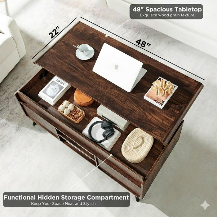 Lift Top Coffee Table, 48 Inch Mid Century Modern Coffee Table with Hidden Storage, Sliding Slatted Doors, Open Shelves, Rounded Edges, Wood Grain Finish for Living Room