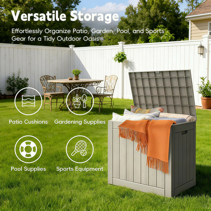 Outdoor Storage Box, Waterproof Resin Deck Storage Chest with Lockable Lid, Wood-Grain Look, Built-In Handles, All-Weather Patio Garden Pool Cushion Storage (Grey)
