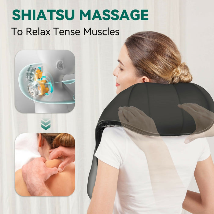 Shiatsu Neck & Shoulder Massager with Heat Corded Electric Deep Kneading Wrap Massager with 8 Nodes, Bi-Direction Control, 2 Intensities for Home, Office & Gifts
