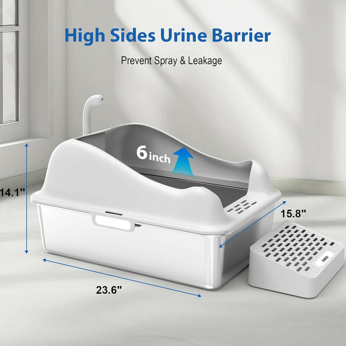 Extra Large Cat Litter Box for Big Cats, 25L Stainless Steel Litter Pan with High Sides, Non-Stick Odor-Free Surface, Step Pedal & Scoop Included – Grey