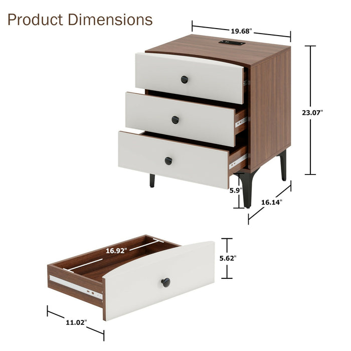 Nightstand with Charging Station, 3 Drawer Wood Bedside Table with Leather-Style Fronts, AC Outlet + USB + Type-C, Modern End Table for Bedroom Living Room Apartment