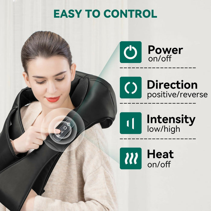 Shiatsu Neck & Shoulder Massager with Heat Corded Electric Deep Kneading Wrap Massager with 8 Nodes, Bi-Direction Control, 2 Intensities for Home, Office & Gifts