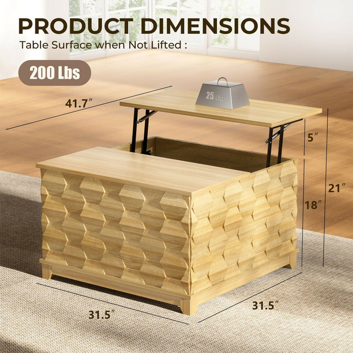 升降茶几 液壓升降枱面・隱藏收納・立體木紋設計｜Lift Top Coffee Table Hydraulic Lift Mechanism, Hidden Storage Compartment, Sliding Top Rails, 3D Textured Wood Design Modern Living Room Table 41.7”