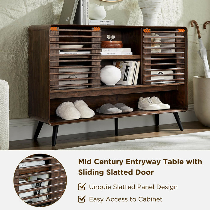 Mid Century Entryway Table with Sliding Slatted Doors 46" Console Cabinet, Adjustable Shelves, Open Shoe Storage, Rounded Corners, Tapered Legs Hallway, Living Room, Kitchen