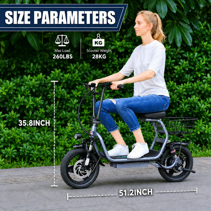 Adult Electric Scooter with Seat, 750W Motor, 14-Inch Pneumatic Tires, Front & Rear Disc Brakes, LCD Display, LED Headlight, Rear Basket, Folding Electric Scooter for Commuting, Gray and white Model HBCP1401