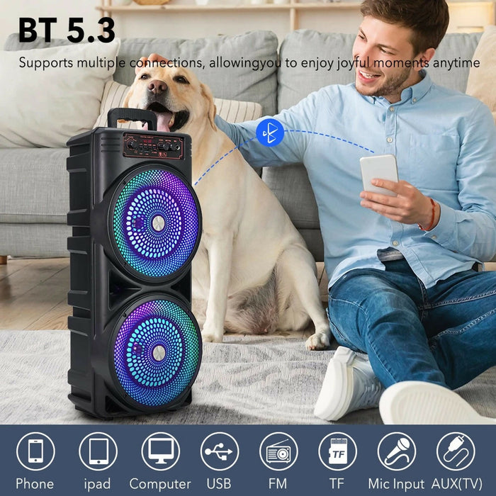 Portable Bluetooth Party Speaker with RGB Lights, Dual 8.5" Speakers, Wired Microphone, BT 5.3, USB/TF/AUX/FM/MIC, Karaoke Sound System for Home, Parties, Camping & Events