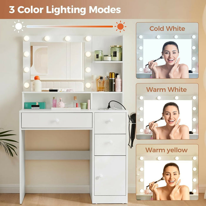 Vanity Desk with LED Mirror & Power Strip (White) ｜ 化妝枱套裝（白色，LED化妝鏡＋電源插座）