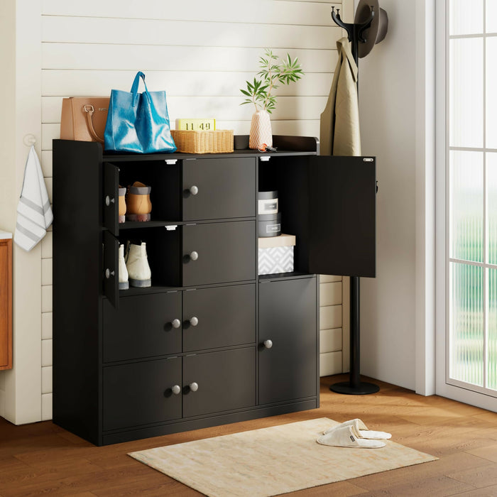 Bathroom Storage Cabinet Freestanding Floor Organizer with 8 Doors & Shelves Waterproof P2 MDF Modern White Storage Cupboard Bathroom, Entryway, Living Room