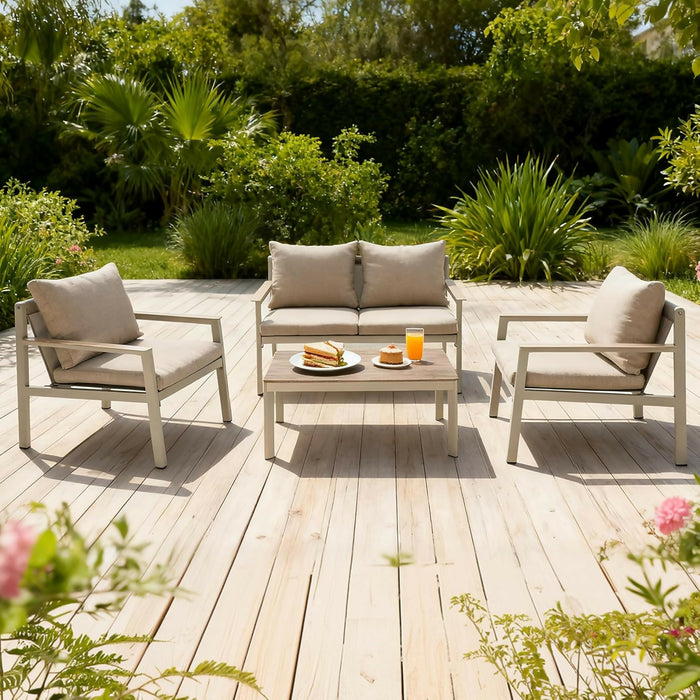 4-Piece Patio Furniture Set with All-Aluminum Rust-Resistant Frame, 2 Accent Chairs, Loveseat, and Faux Teak Coffee Table