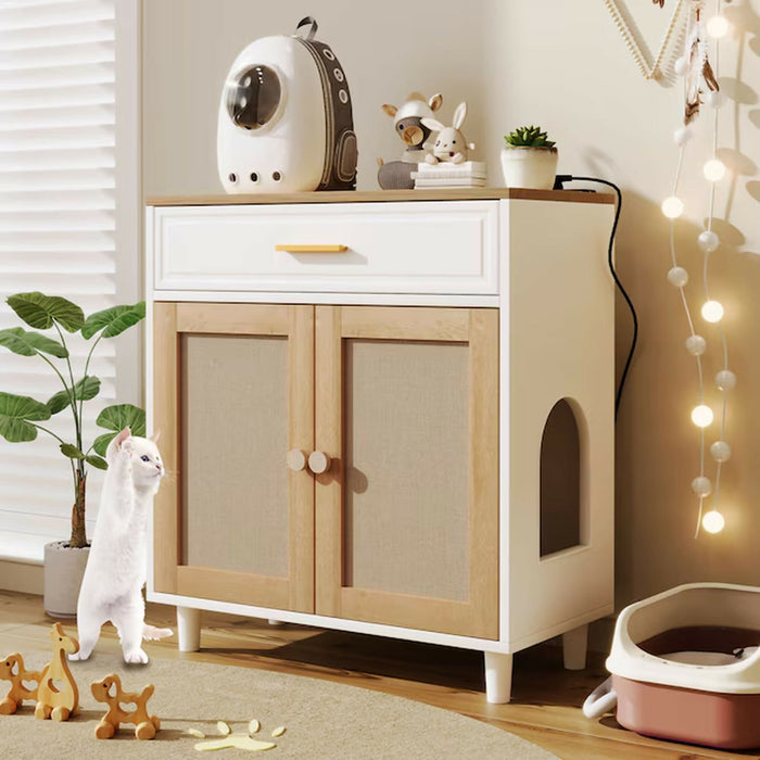 Cat Litter Box Enclosure Furniture, Hidden Cat Washroom Cabinet with Scratcher Doors, Storage Drawer, 2 AC Outlets & 2 USB Ports, 31.5 x 15.8 x 32.5 in, White/Natural Side Table