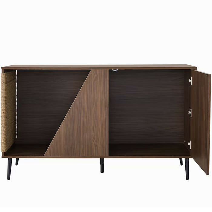Cat Litter Box Enclosure Furniture, Modern Walnut Cat House Cabinet with Sisal Scratcher, Hidden Cat Washroom Side Table with Storage Door