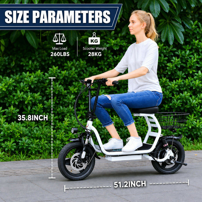 Adult Electric Scooter with Seat, 750W Motor, 14-Inch Pneumatic Tires, Front & Rear Disc Brakes, LCD Display, LED Headlight, Rear Basket, Folding Electric Scooter for Commuting, Gray and white Model HBCP1401