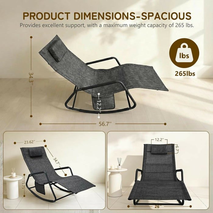 Set of 2 Outdoor Rocking Lounge Chairs, Ergonomic Textilene Chaise Loungers with Side Pockets & Removable Headrests, Breathable All-Weather Patio Chairs for Poolside, Garden & Porch, Gray and Beige
