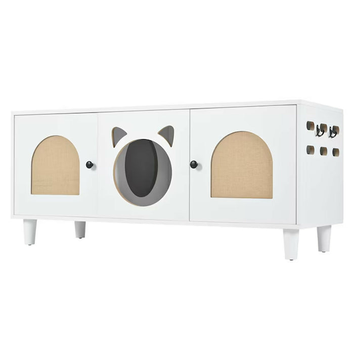Cat Litter Box Enclosure Furniture, Wood Cat Cabinet Side Table with Sisal Scratcher Doors, Hidden Cat Washroom House with Storage Top and Cat Entry, Cream White, Modern Indoor Use