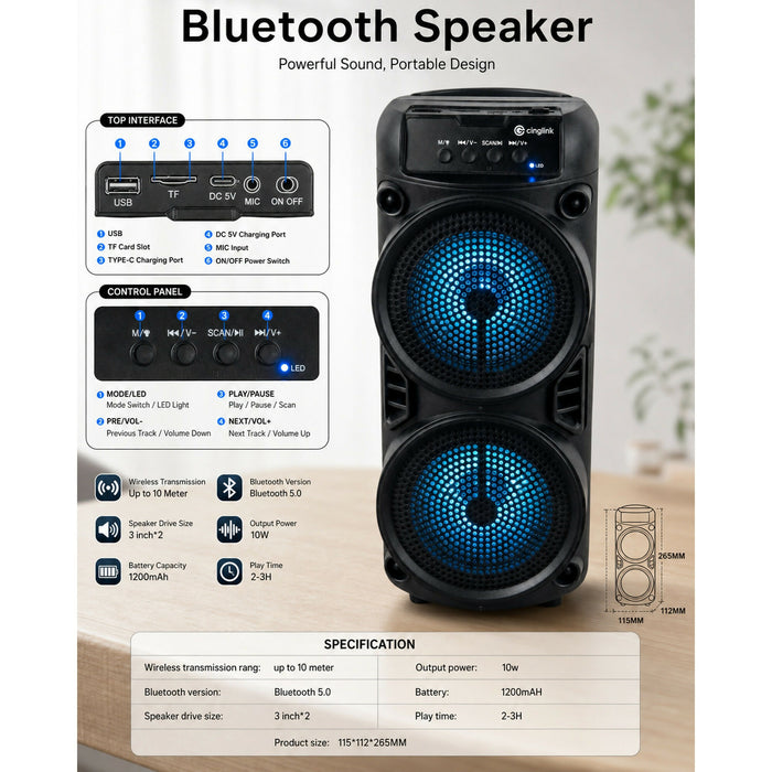 Portable Bluetooth Speaker, Dual 3-Inch Drivers, 10W Output, LED Lights, 1200mAh Rechargeable Battery, USB/TF Card/Mic Inputs, 26.5 cm Compact Party Speaker for Home, Office & Travel CBS-3025C