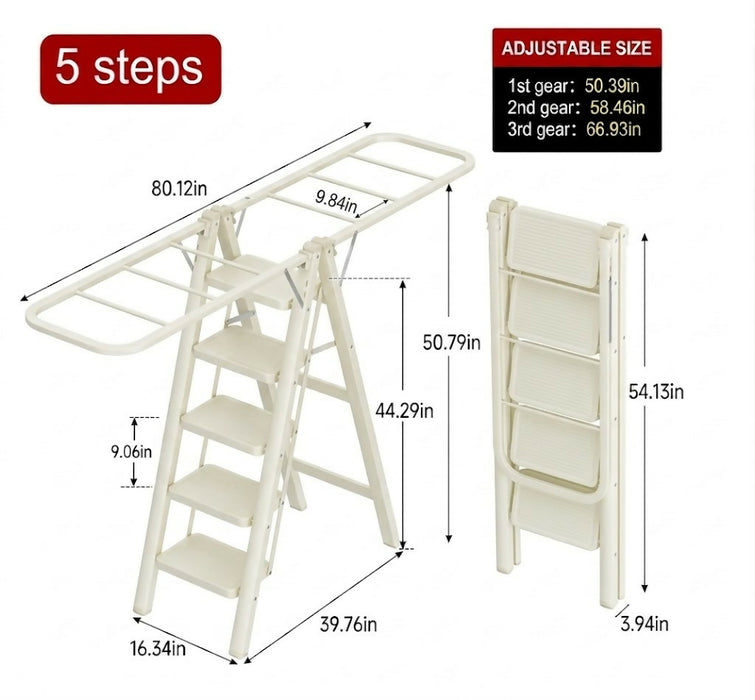 Step Ladder Drying Rack Foldable Height-Adjustable Clothes Drying Stand with Wide Non-Slip Steps 5-Step Laundry Ladder Rack Indoor Space-Saving Clothes Hanger Model LYJ5STEP