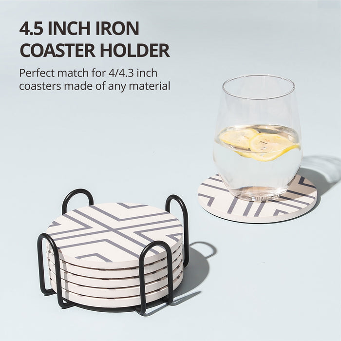 灰色条纹双层软木杯陶瓷杯垫隔热吸水带金属收纳支架Grey-Line Absorbent Drink Coasters with Holder