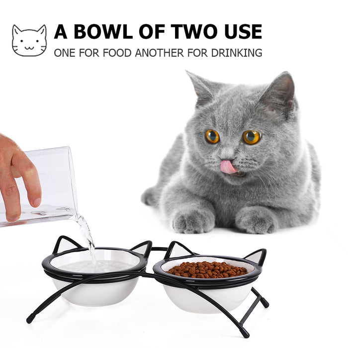 金属高脚支架猫耳碗宠物碗 黑白色 零负担舒适进食Raised Cat Bowls for Food and Water,Black And White Ear