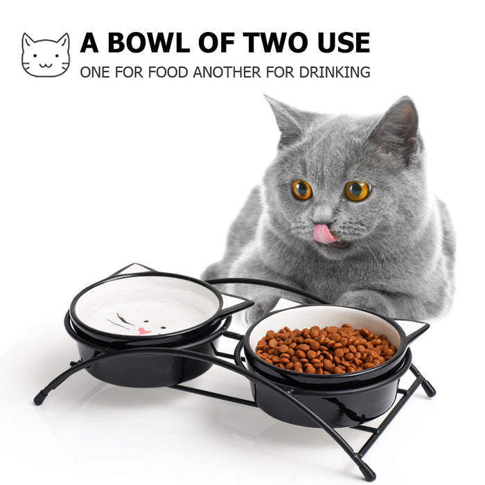 金属高脚支架猫耳宠物碗套装 呵护颈椎 黑色Raised Cat Bowls for Food and Water,Black Ear
