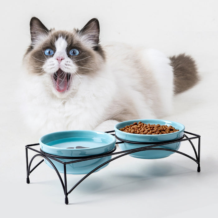 金属高脚宠物碗猫粮碗水碗干净卫生/防滑 蓝色Elvated Cat Dish for Food and Water - Blue
