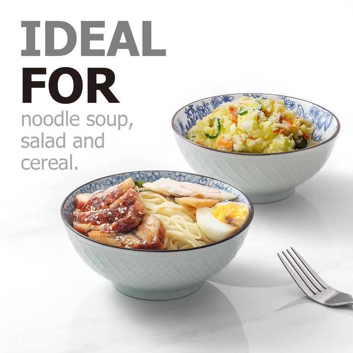 蓝花白底浮雕陶瓷碗汤碗饭碗麦片碗四件套 高颜值Ceramic Soup Bowl for Salad, Rice, and Pasta