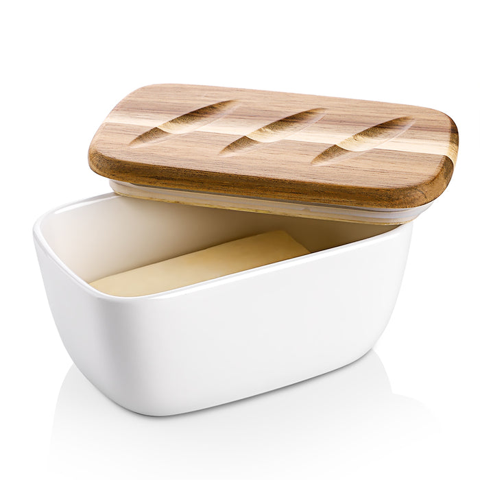 白色骨瓷黄油保鲜盒木盖多功能储存盒饭盒 硅胶封条锁鲜Ceramic Butter Dish with Lid