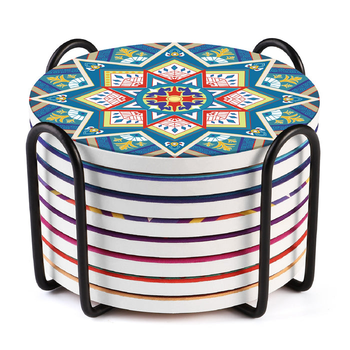曼陀罗陶瓷软木底杯垫6件套隔热垫吸水带收纳支架Mandala Style Ceramic Coasters with Holder