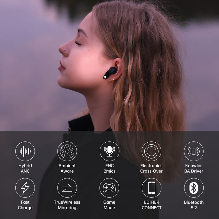 Edifier NeoBuds S 真無線降噪入耳式耳塞，觸摸控制藍牙 5.2 耳機帶無線充電盒，IP54 無線立體聲耳機帶 ENC Clear Calls for Sport - 黑色