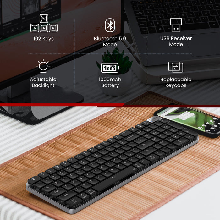 MIIIW K10 Wireless Low-profile Red Switch Wireless Mechanical Keyboard, 102 Keys