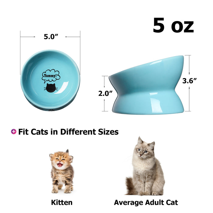 倾斜宽口高脚猫碗宠物碗蓝色 防滑/易清洁 Cat Bowl，Blue