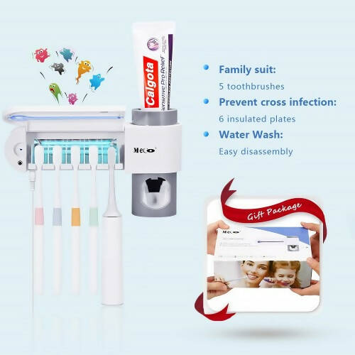 紫外線牙刷架，牙膏分配器，附 5 支牙刷消毒器架牆壁，適用於家用浴室