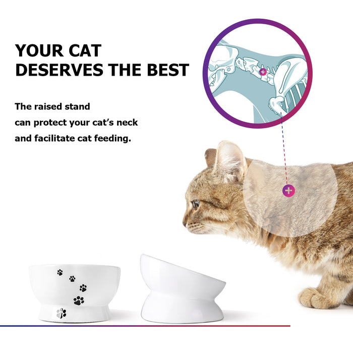 傾斜寬口高腳寵物碗刻度貓碗 白色保護頸椎Tilted Cat Bowl