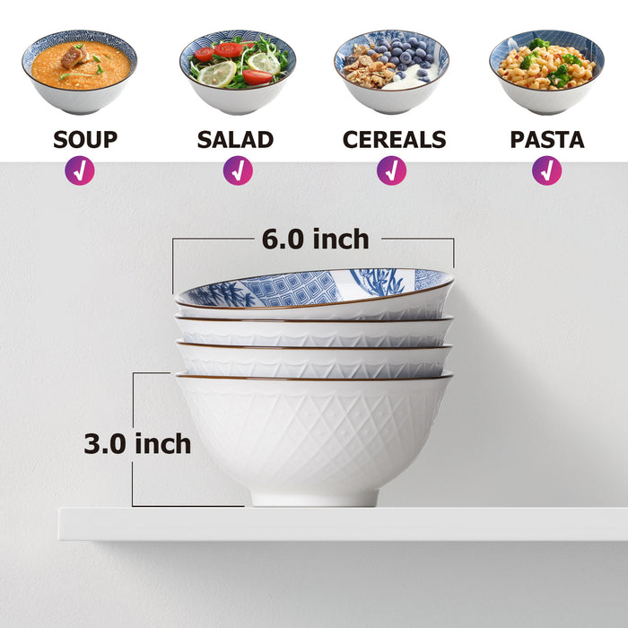 蓝花白底浮雕陶瓷碗汤碗四件套 伴手礼妈妈最爱Ceramic Soup Bowl for Salad, Rice, and Pasta-24 Ounces