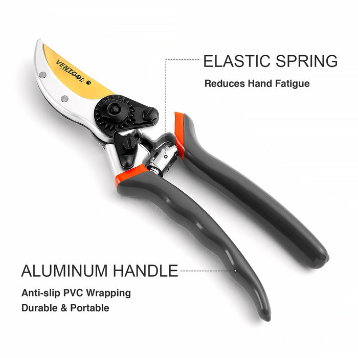 Ventool 8" Sharp Bypass Pruning Shears with Ergonomic Concave Handles