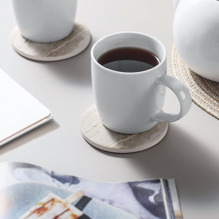 米色大理石纹路陶瓷软木底杯垫6件套 隔热吸水带收纳支架Beige Marble Style Ceramic Drink Coaster for Tabletop Protection