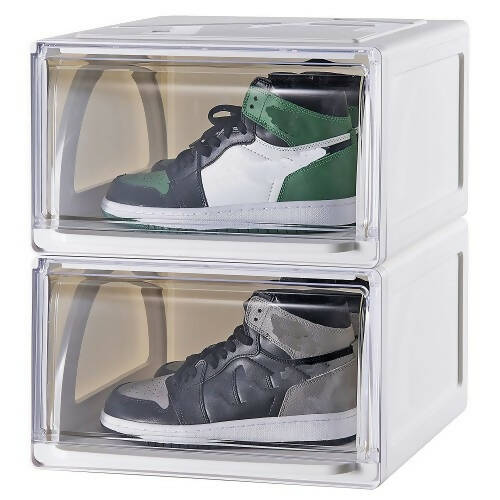 2 件裝可堆疊鞋盒，帶抽屜拉出式滑動運動鞋收納盒，側視圖