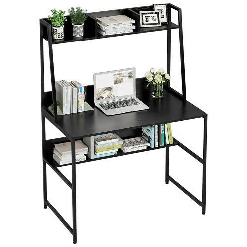 電腦桌，100 x 57.5 厘米重型寫字台，帶櫥櫃和書架，節省空間的設計，適合家庭、辦公室、小空間
