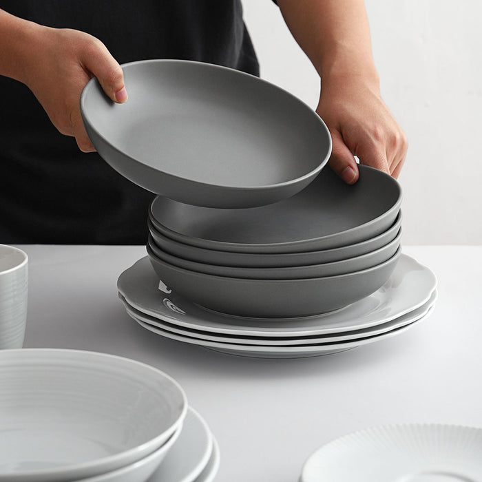 意大利面沙拉碗 深盘骨瓷汤碗套装组合灰色 Large Serving Bowl Set, Porcelain Pasta, Salad, Soup Bowls, Grey