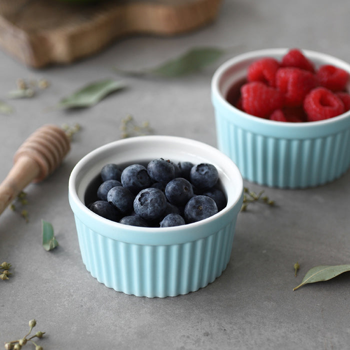 简约陶瓷小烤盅蒸蛋布丁舒芙蕾模具蓝色辅食烘焙料理碗Classic Style Souffle Ramekins Ramekins Bowls - blue