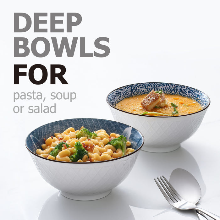蓝花白底浮雕陶瓷碗汤碗四件套 伴手礼妈妈最爱Ceramic Soup Bowl for Salad, Rice, and Pasta-24 Ounces