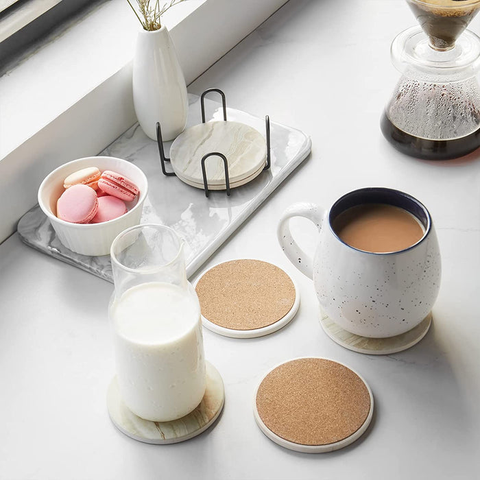 米色大理石纹路陶瓷软木底杯垫6件套 隔热吸水带收纳支架Beige Marble Style Ceramic Drink Coaster for Tabletop Protection