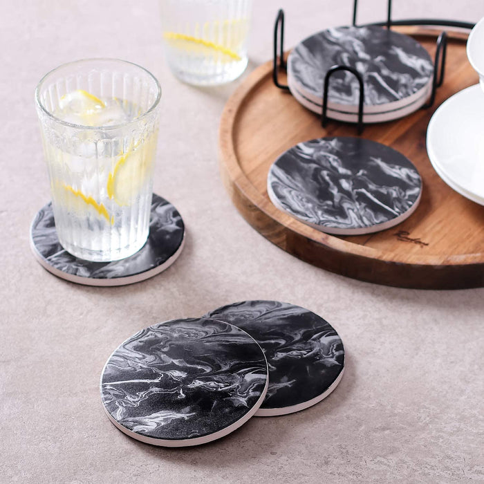 黑色大理石纹路陶瓷软木底杯垫6件套隔热吸水带收纳支架,Black Marble Style Ceramic Drink Coaster for Tabletop Protection
