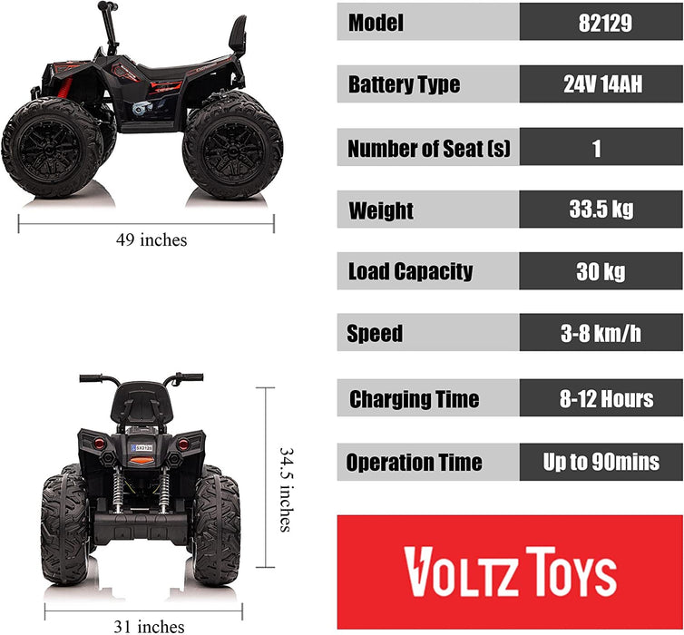 Voltz Toys 24V 4x4 Realistic Off-Road Monster ATV Ride On Car with Throttle, Brake Pedal and Rubber Tires