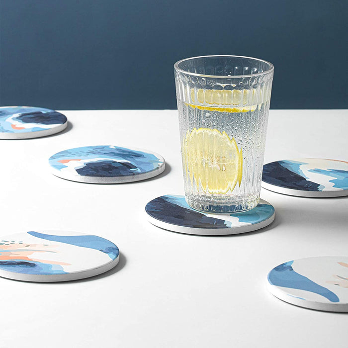 油画自然风景陶瓷软木底杯垫带金属收纳支架 隔热吸水Absorbent Drink Coasters with Holder,Oil Painting Style