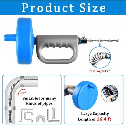 Plumbing Snake Drain Auger, 5M Snake Drain Hair Removal Tool with Stainless Steel Cleaner