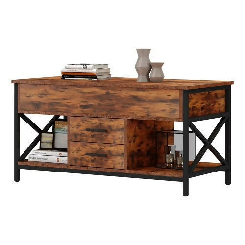 Lift Top Coffee Table with 2 Drawers, Open Side Shelf, Hidden Compartment for Home, Living Room - 565A2